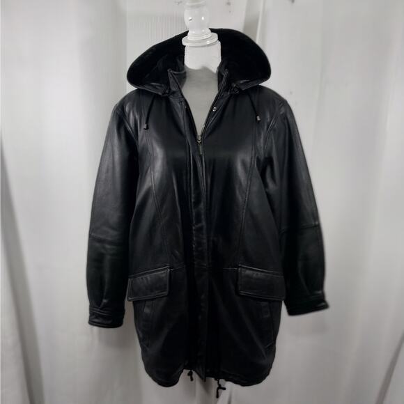 CHARLES KLEIN! CLASSIC BLACK GENUINE LEATHER PARKA STYLE ZIP OFF HOOD COAT! SZ L - Picture 3 of 13